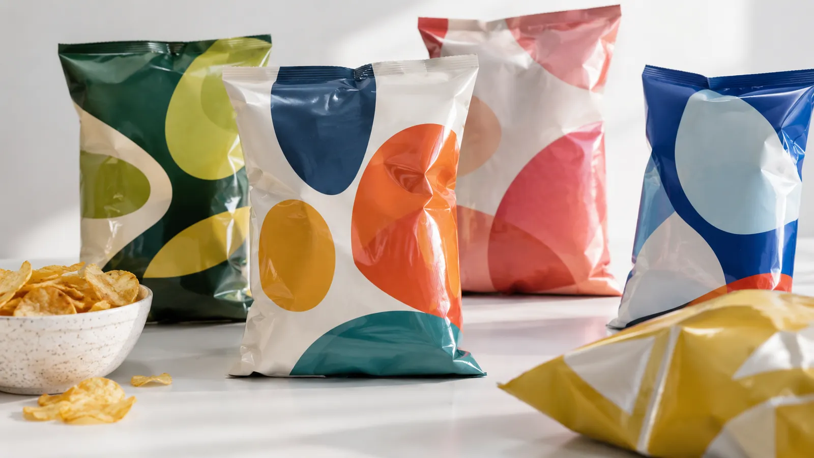 Glossy polypropylene snack bags with abstract print on a white surface