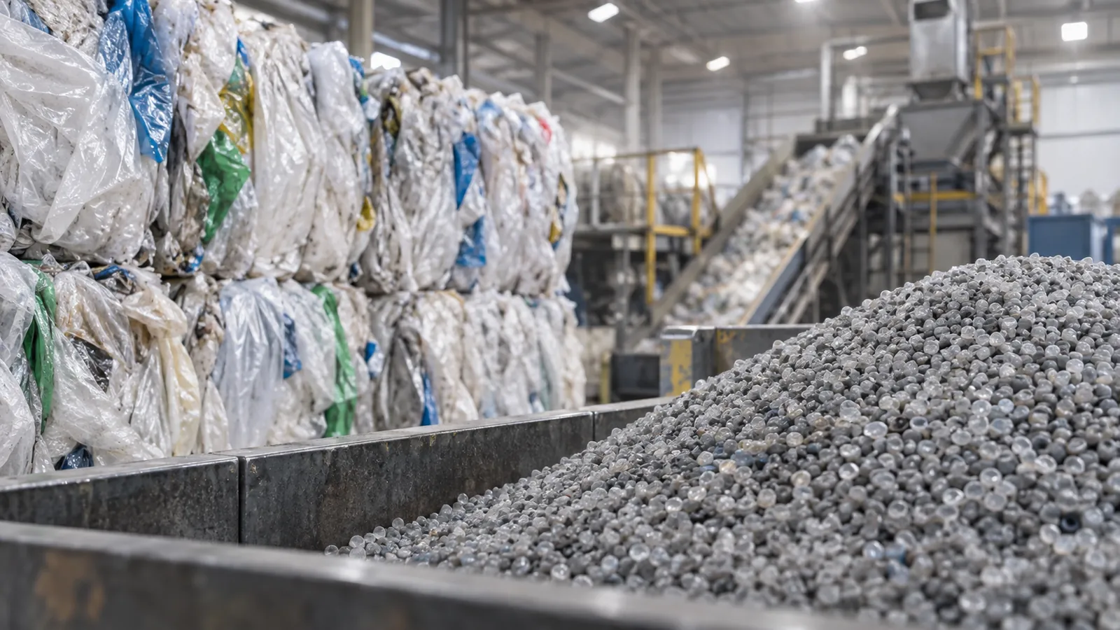 Bales of sorted plastic film and recycled pellets in a recycling facility