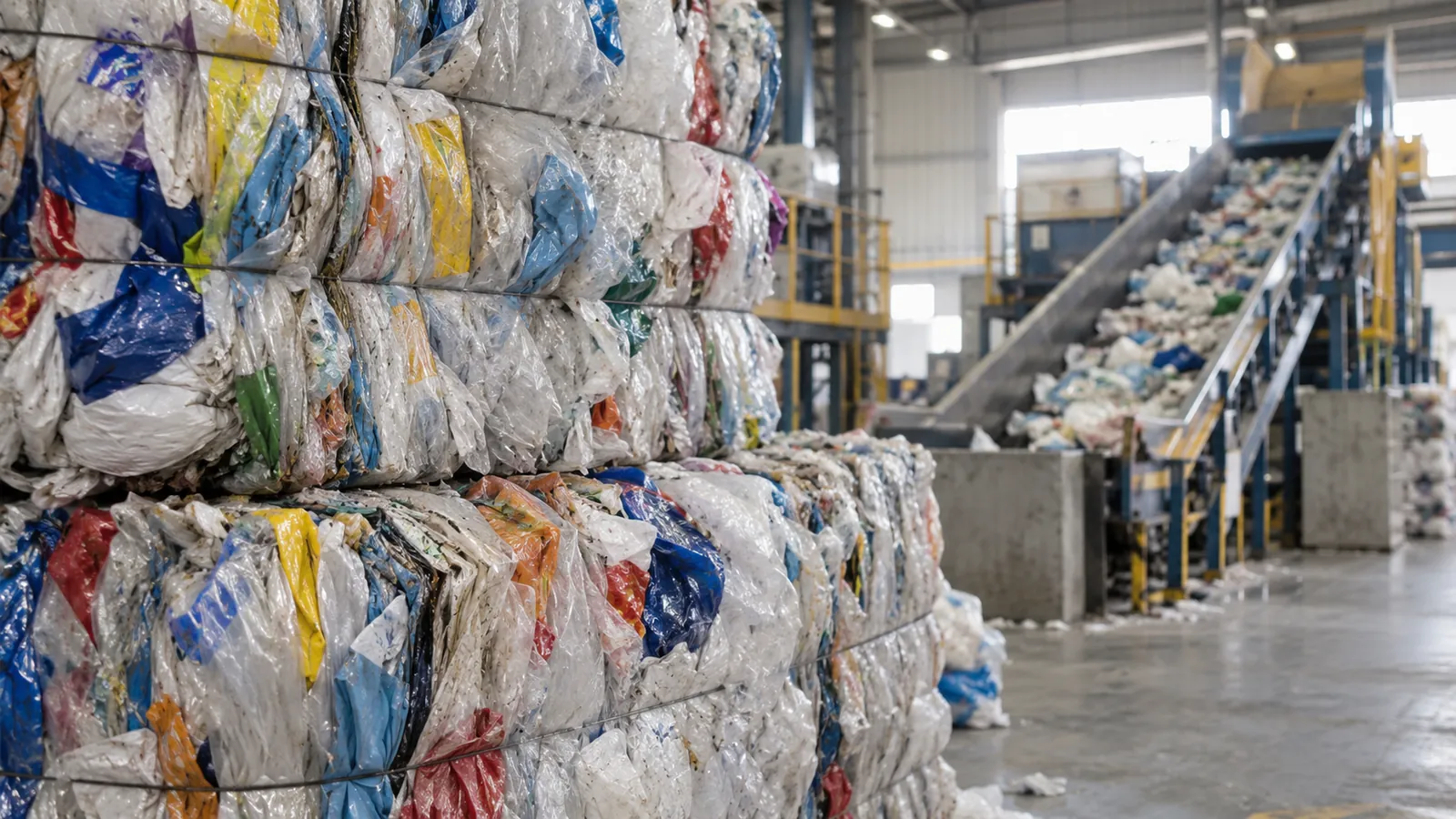 Bales of sorted flexible plastic film at a recycling facility