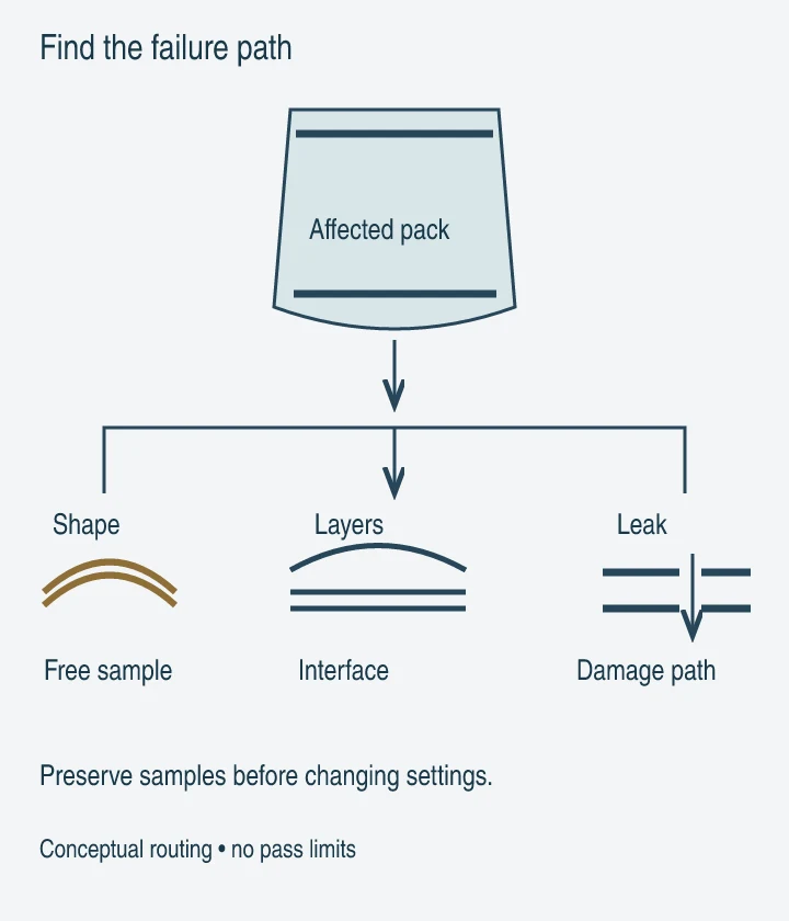 Diagnostic routes from a defective pouch to film, laminate, barrier and seal checks