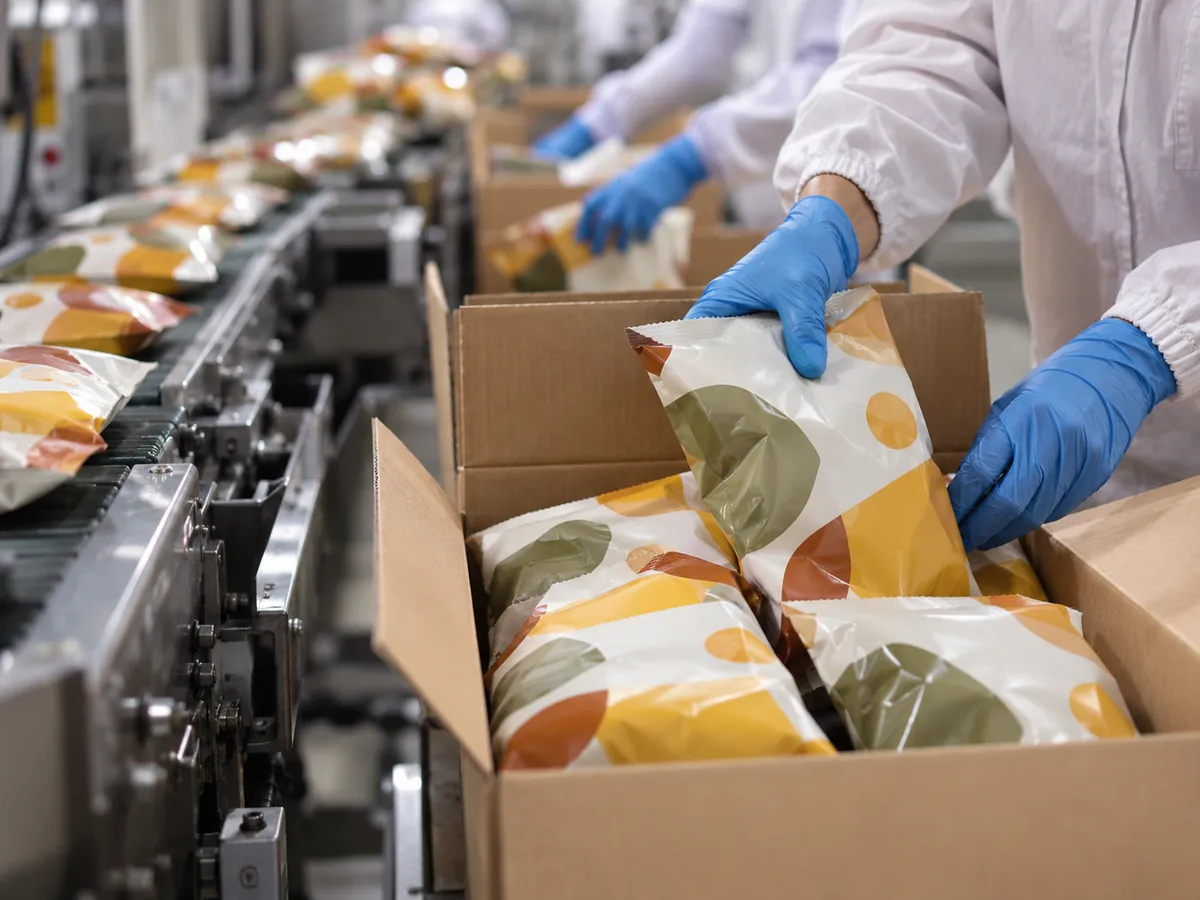 Snack bags and pouches being packed into cases at the end of a packaging line