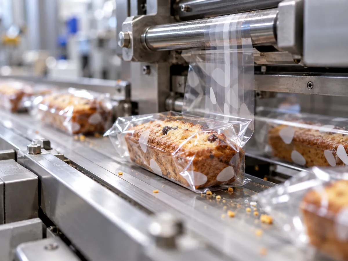 Cakes in clear film on a flow wrapper conveyor with a fin seal forming