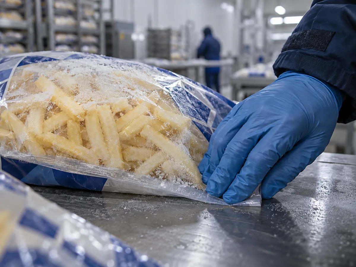 Gloved hand checking the seal of a frosty frozen fries bag