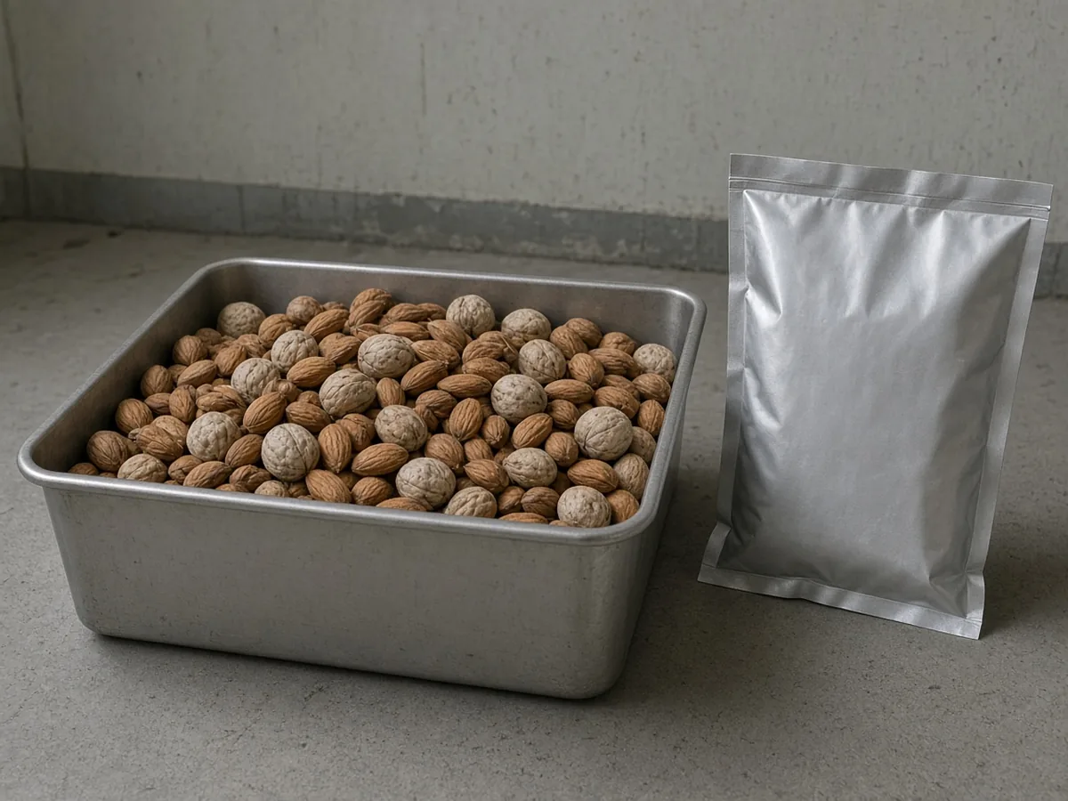 In-shell almonds and walnuts loose in a metal bin beside a closed unprinted silver pouch