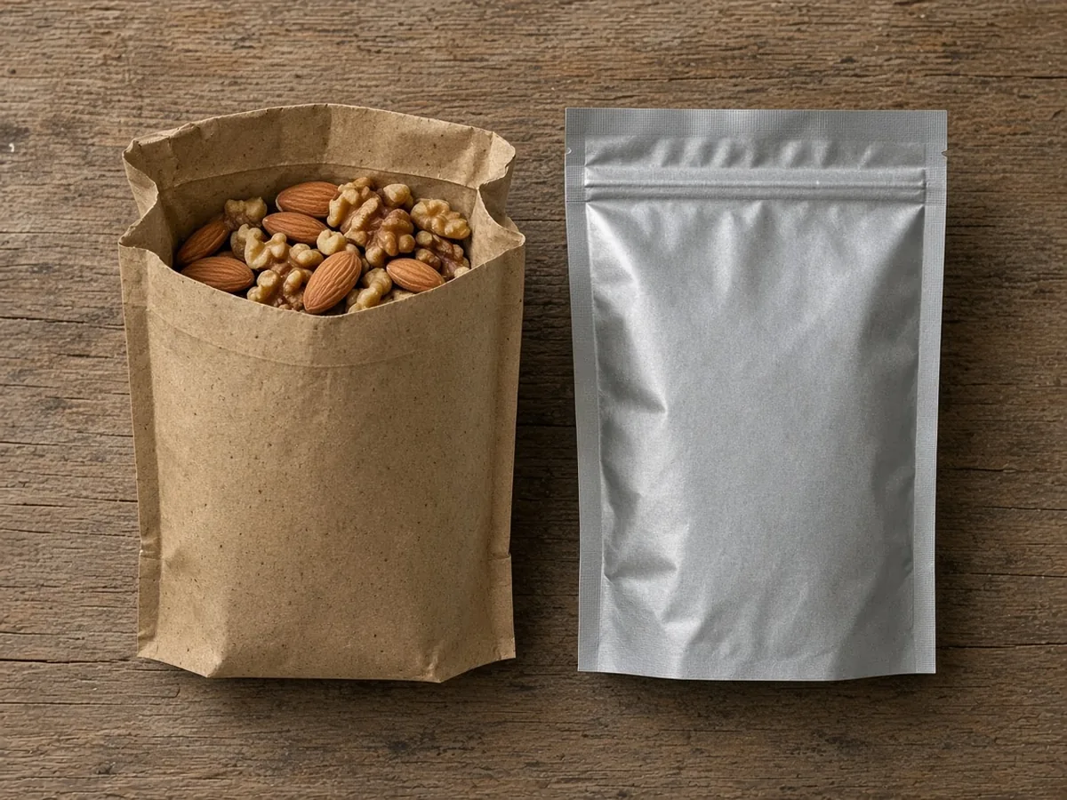 An open unprinted paper pouch of shelled almonds and walnut pieces beside a closed unprinted silver pouch on wood