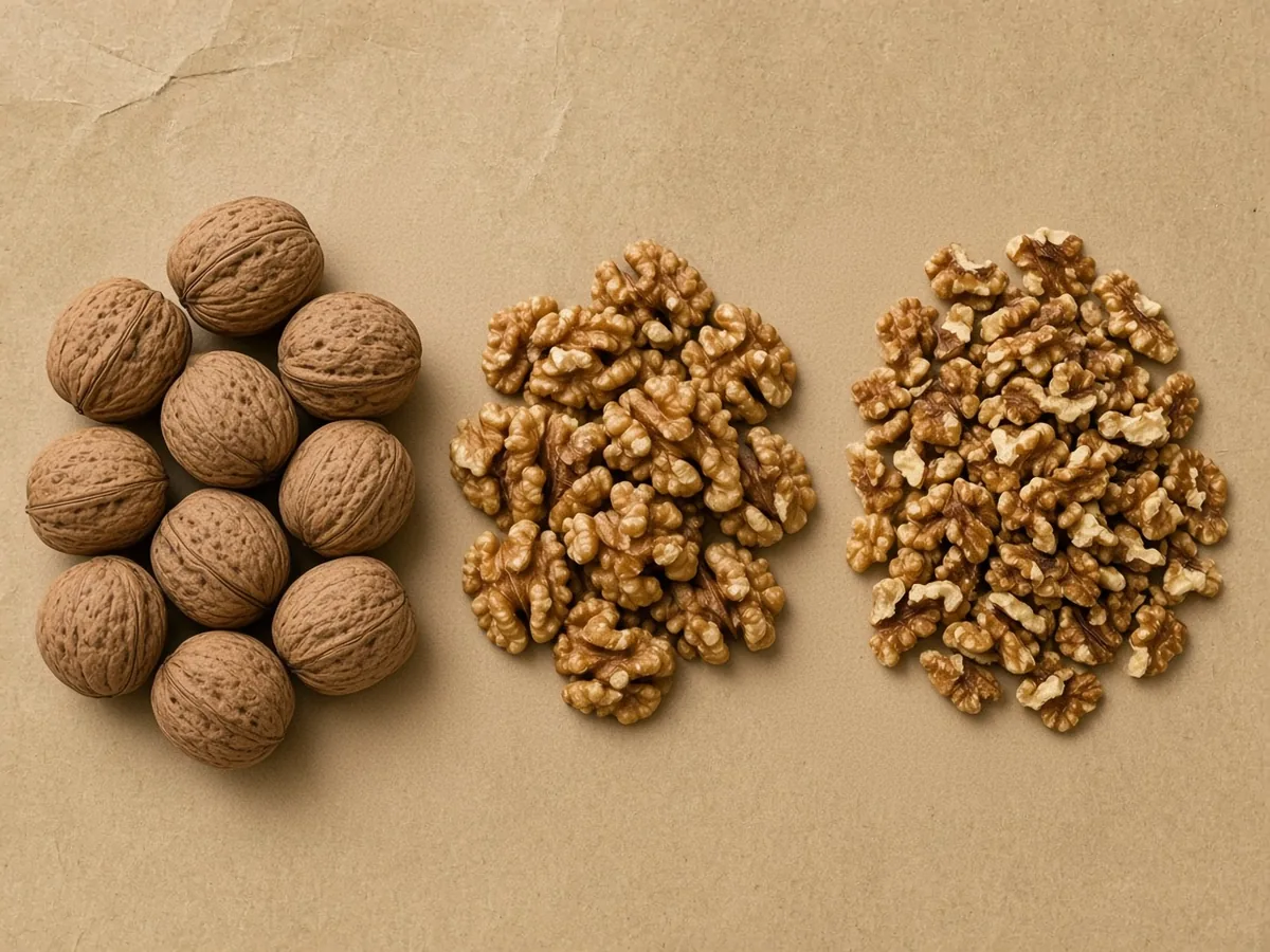 Three piles on brown paper: walnuts in the shell, shelled walnut halves, and smaller broken walnut pieces