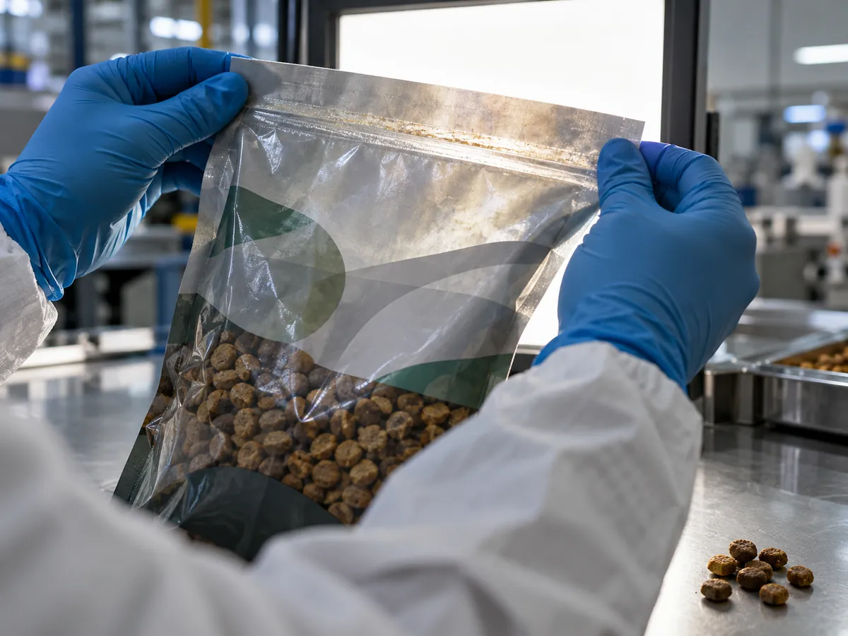 Gloved hand inspecting the top seal of a pet food bag over a steel table