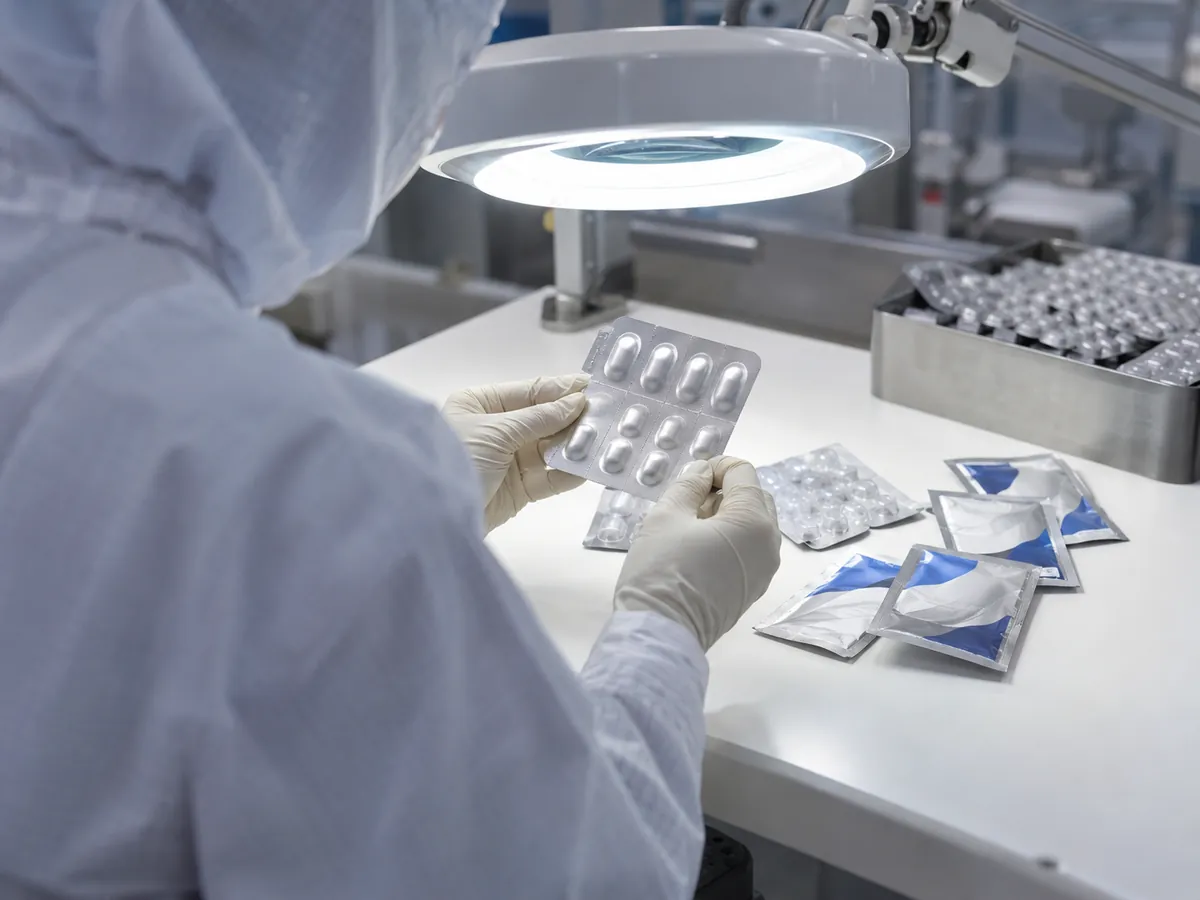 Inspector checking blister strips and sachets under a magnifier lamp in a clean room