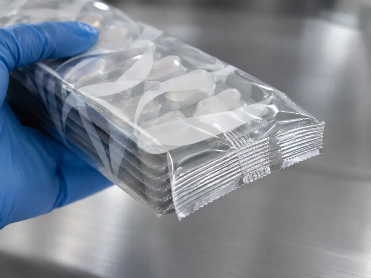 Gloved hand holding a flow-wrapped blister pack showing the end crimp seal