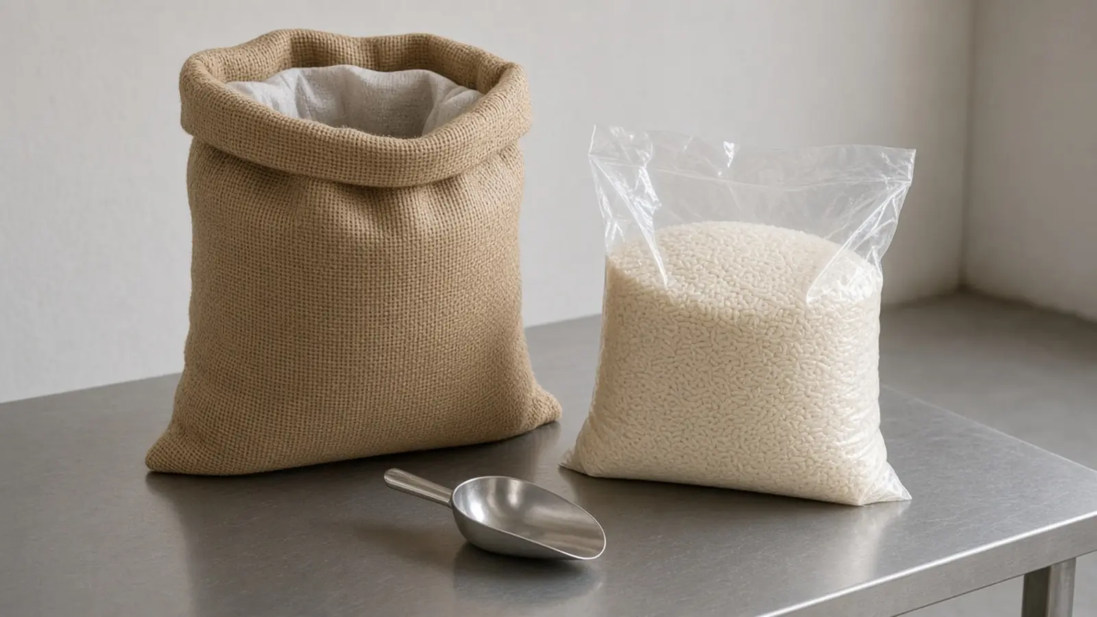 A woven sack, a clear bag of rice, and a metal scoop on a steel table