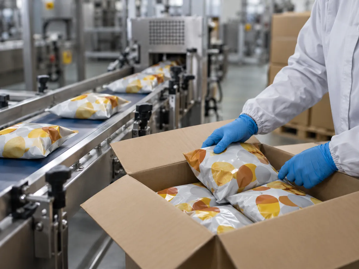 Snack bags being packed into shipping cases