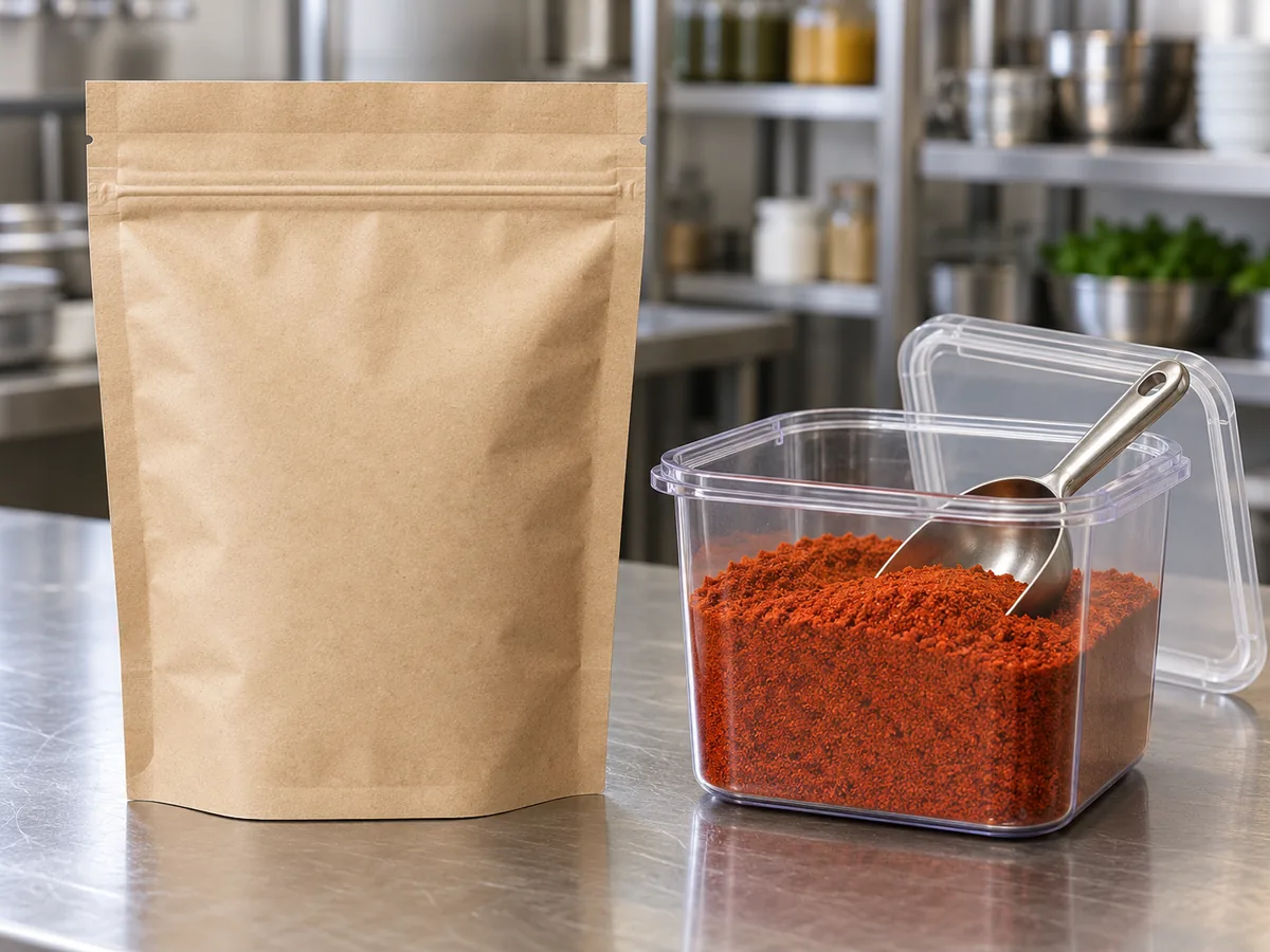 Opaque refill pouch with a straight top heat-seal band above a separate closed zipper beside an open clear container of ground red spice with a metal scoop