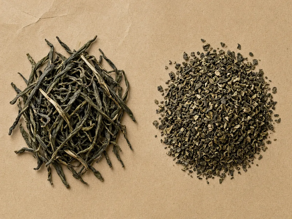 Long twisted dry tea leaves beside a pile of smaller broken tea leaves on kraft paper