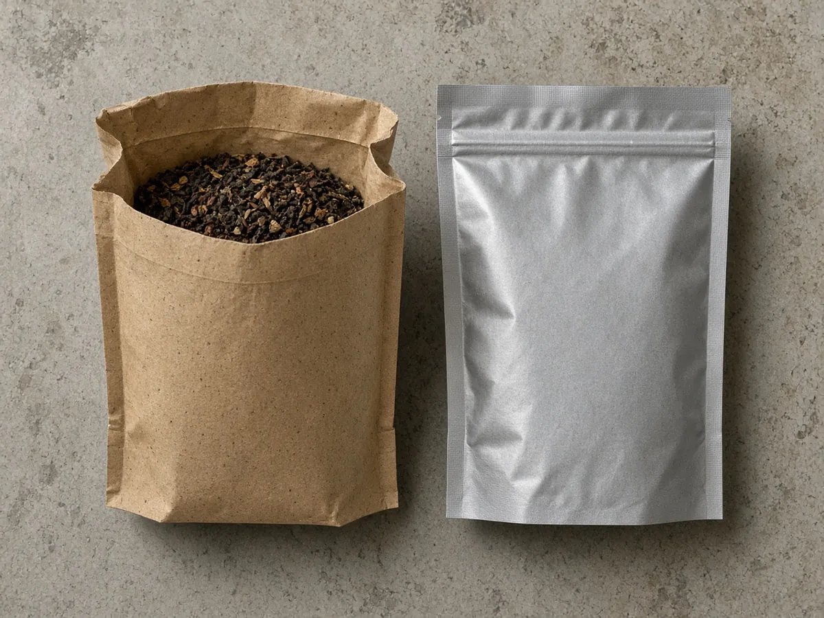 An open unprinted paper pouch of dry tea beside a closed unprinted metallic pouch