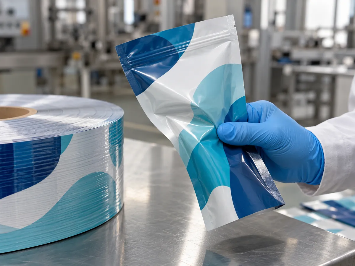 Hand flexing a printed laminated pouch beside rolls of thin packaging film
