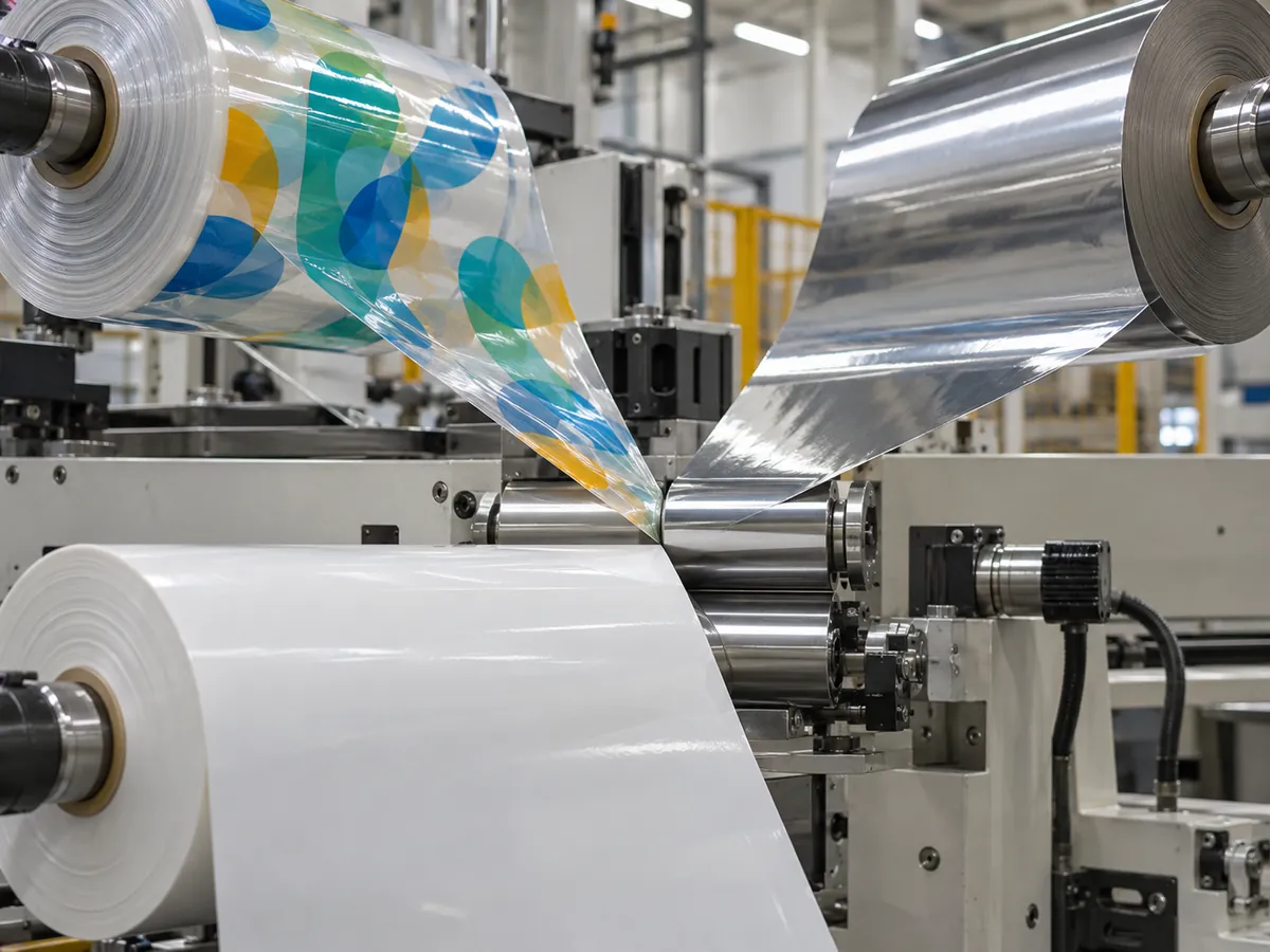 Three film webs meeting at the nip rollers of a laminating machine
