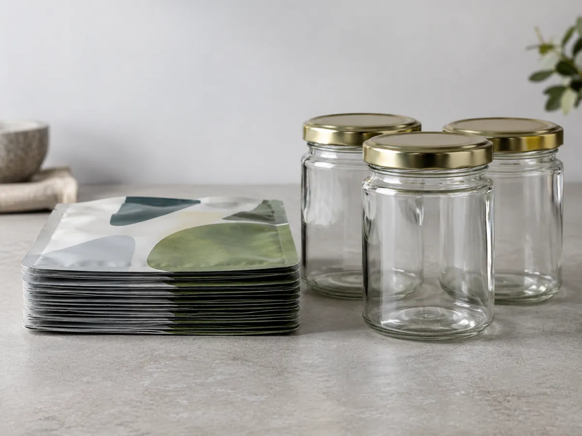 Stack of empty pouches beside empty glass jars