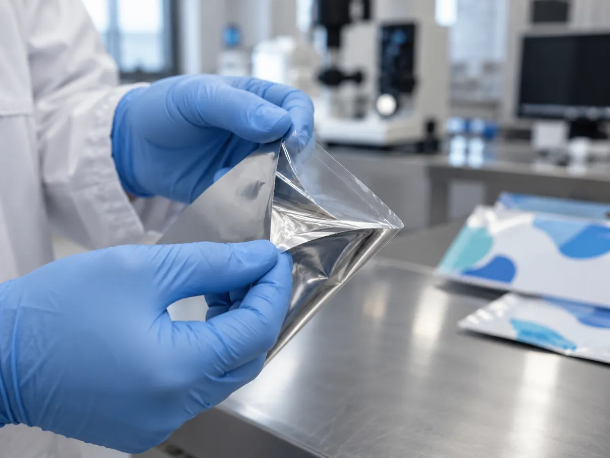 Hands peeling a laminated film sample in a lab