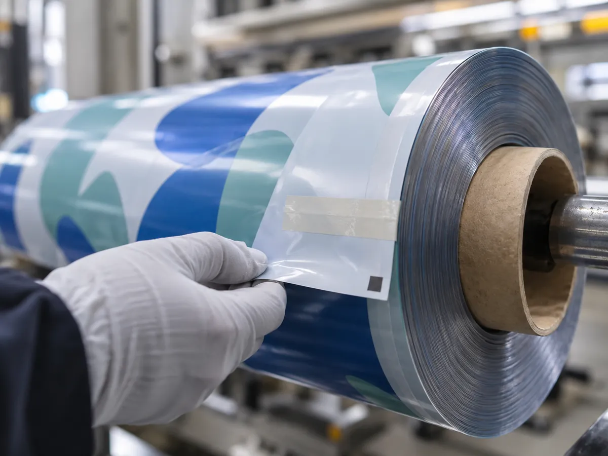 Film roll on a core with splice tape and registration mark