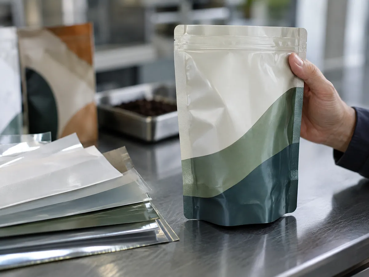 Close-up of a pouch edge and seal beside film samples