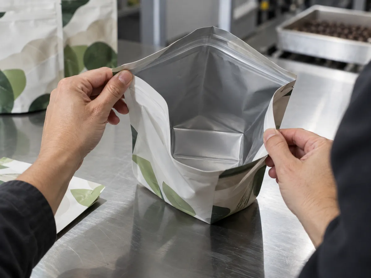 Open flat bottom pouch showing squared base and side gussets
