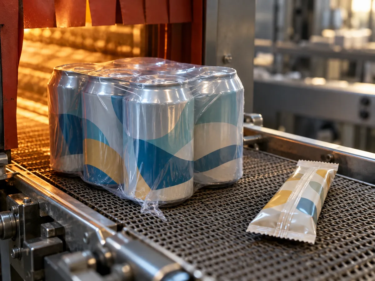 Tightly shrunk film bundle of cans beside a flow-wrapped bar with a visible fin seal
