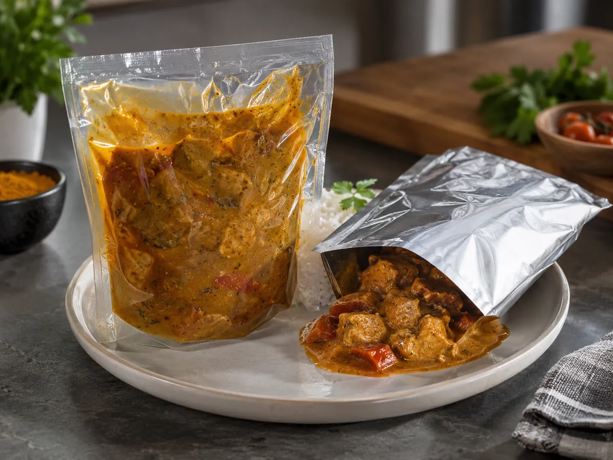 Transparent and foil retort pouches of ready meals