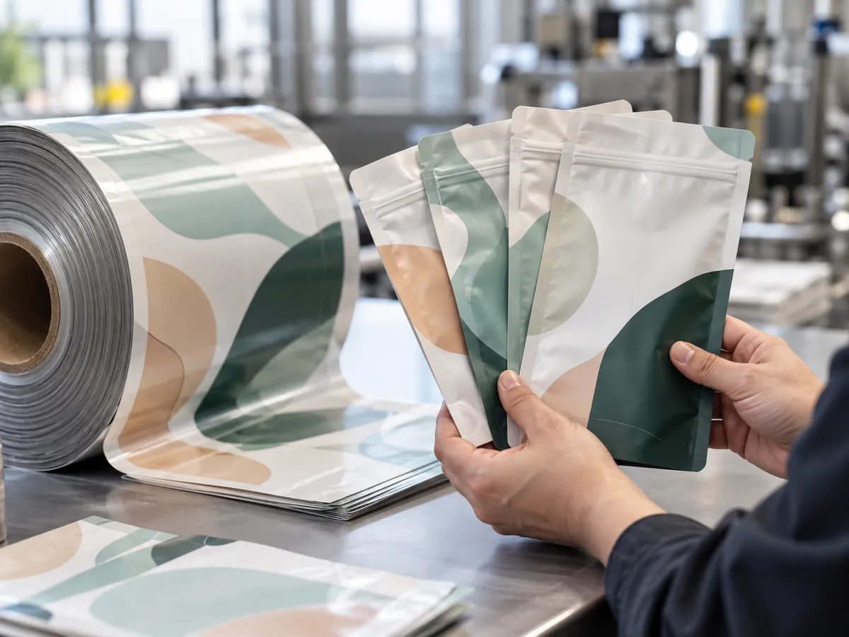Hands holding a fan of zippered stand-up pouches next to a film roll