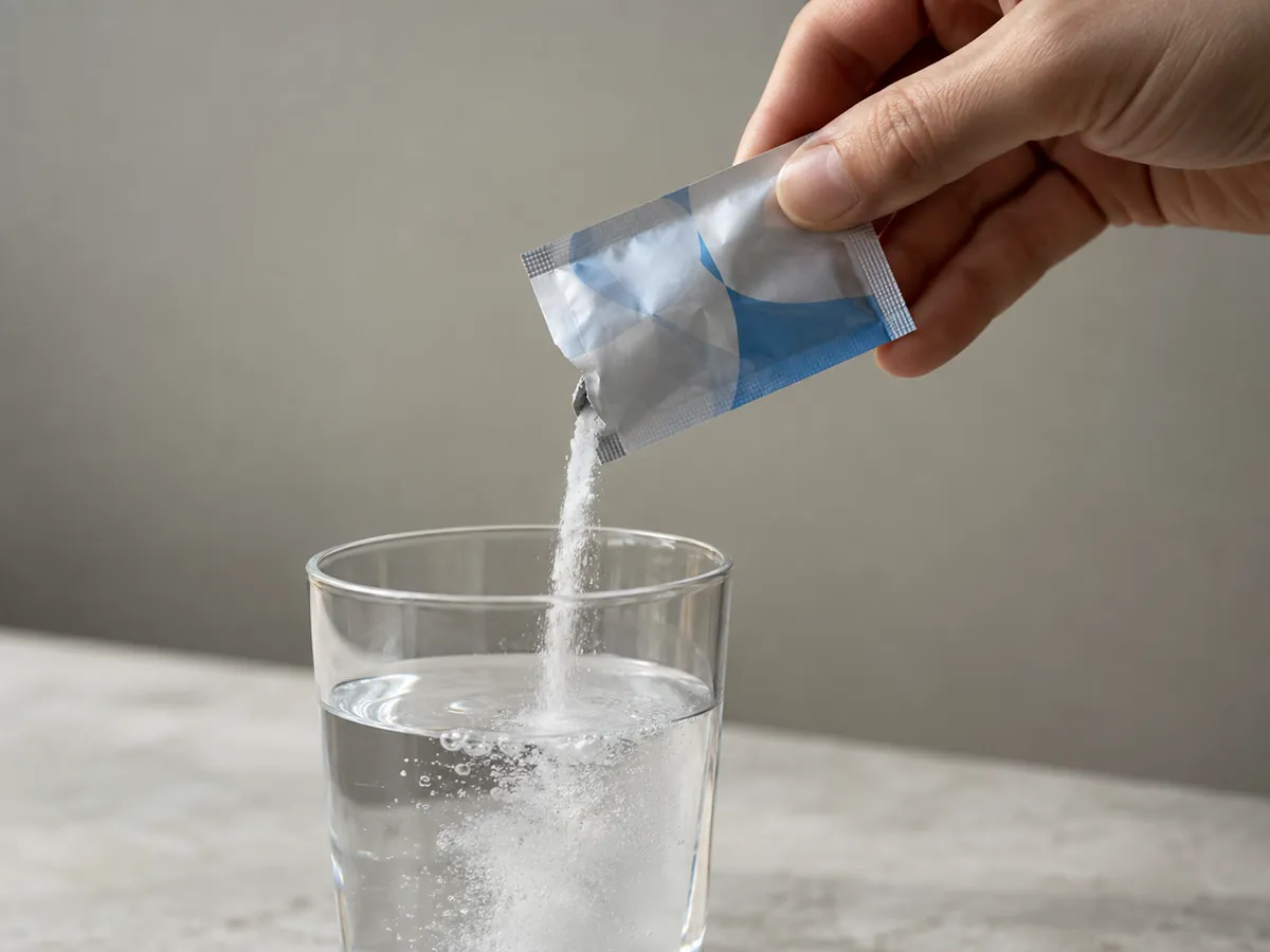 Hand tearing open a sachet at the notch and pouring powder into a glass