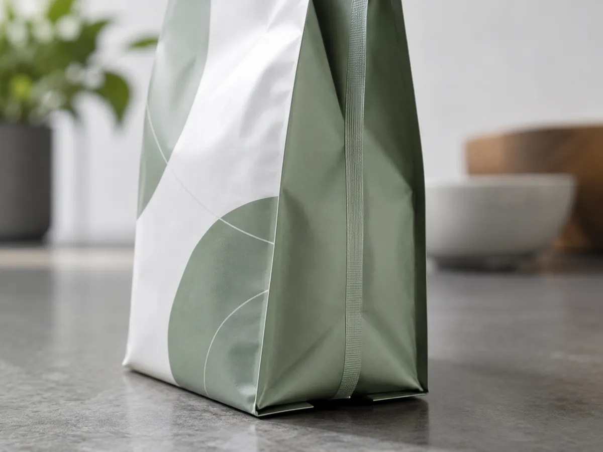 Side gusset fold and back seal detail on a bag