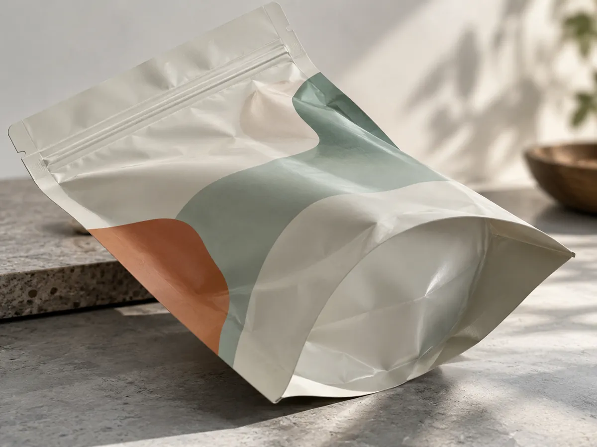 Stand-up pouch zipper, tear notch and bottom gusset