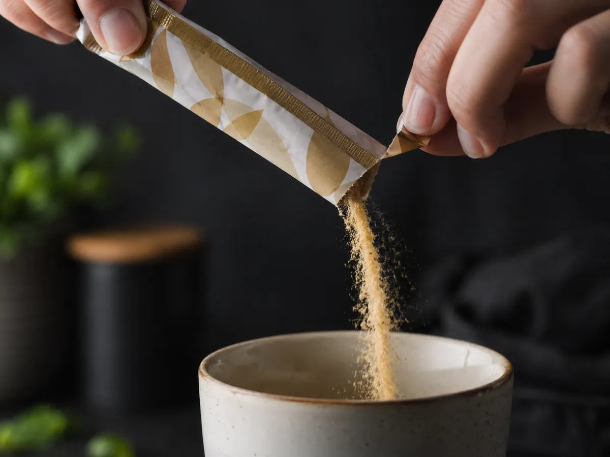 A stick pack torn open at the notch with powder pouring into a cup