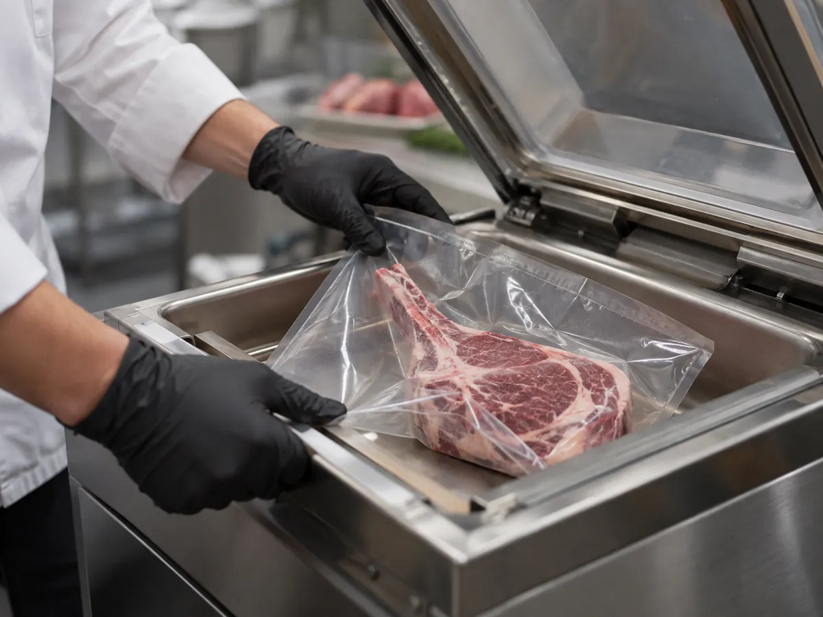 A bone-in cut placed in a chamber vacuum machine