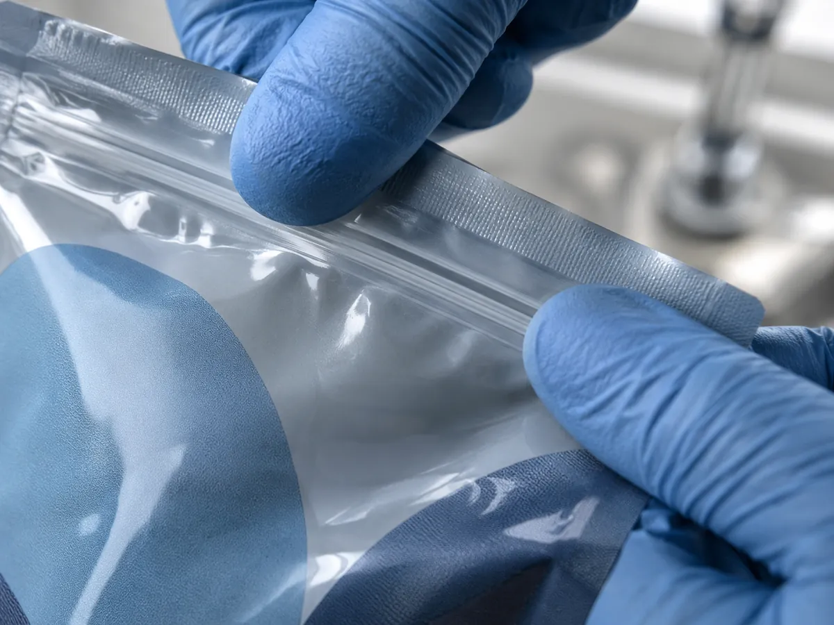 Gloved fingers pressing a pouch zipper closed