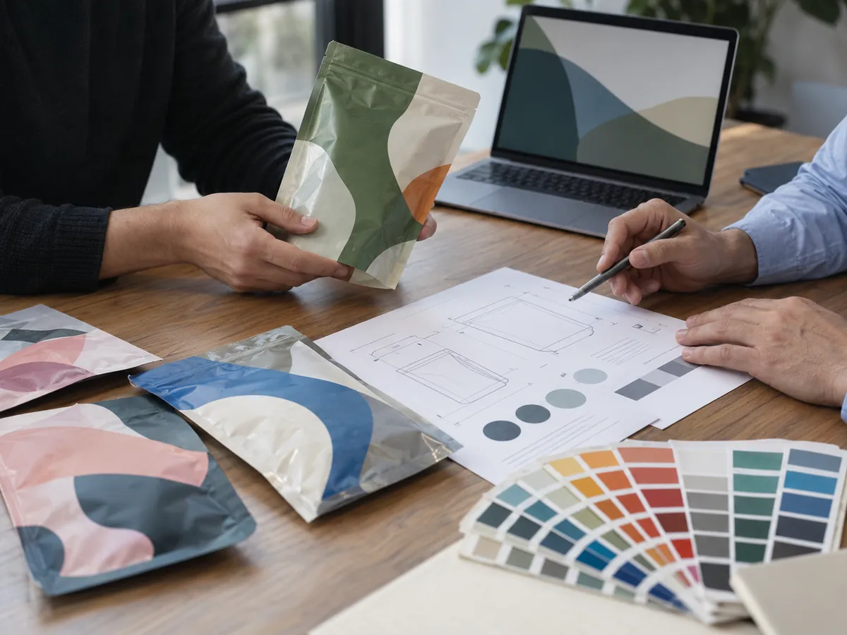 Buyer and engineer reviewing pouch samples and a specification sheet
