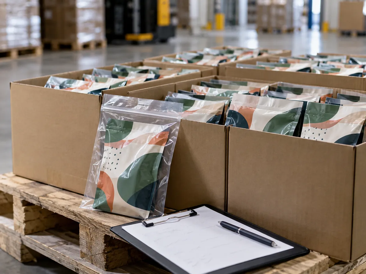 Cartons of finished pouches with retained samples and an inspection clipboard