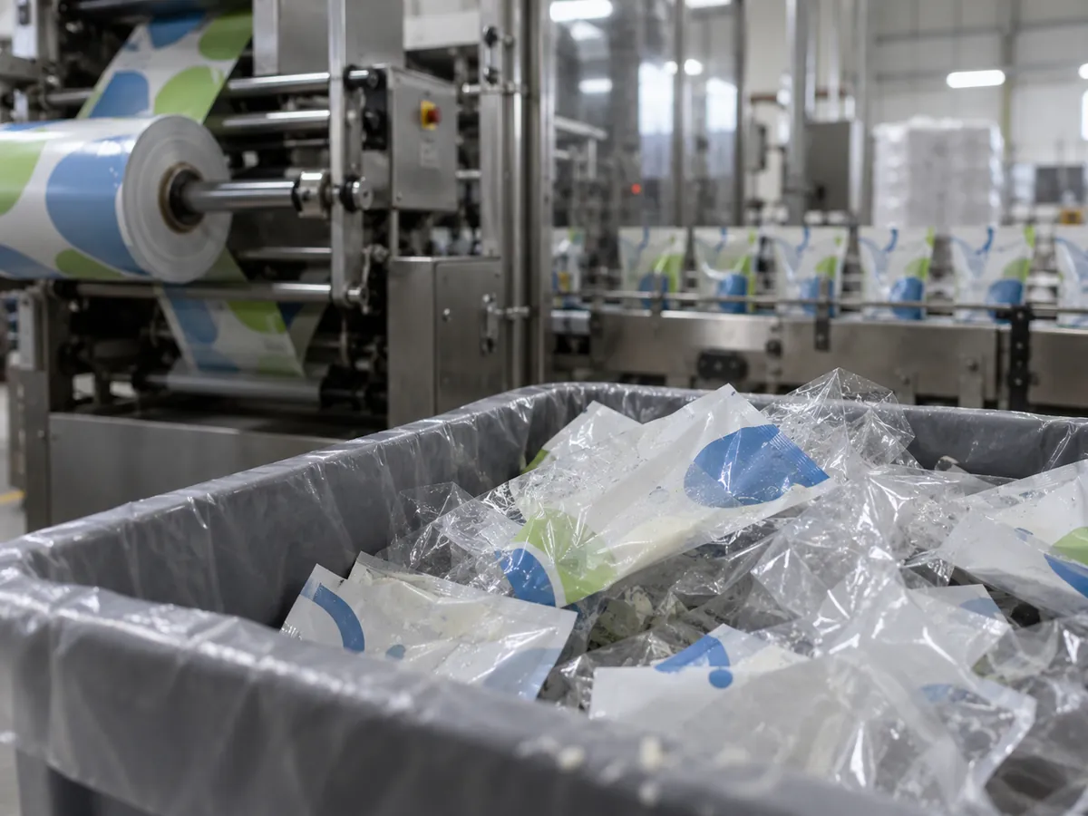 Scrap film and rejected packs beside a packaging line