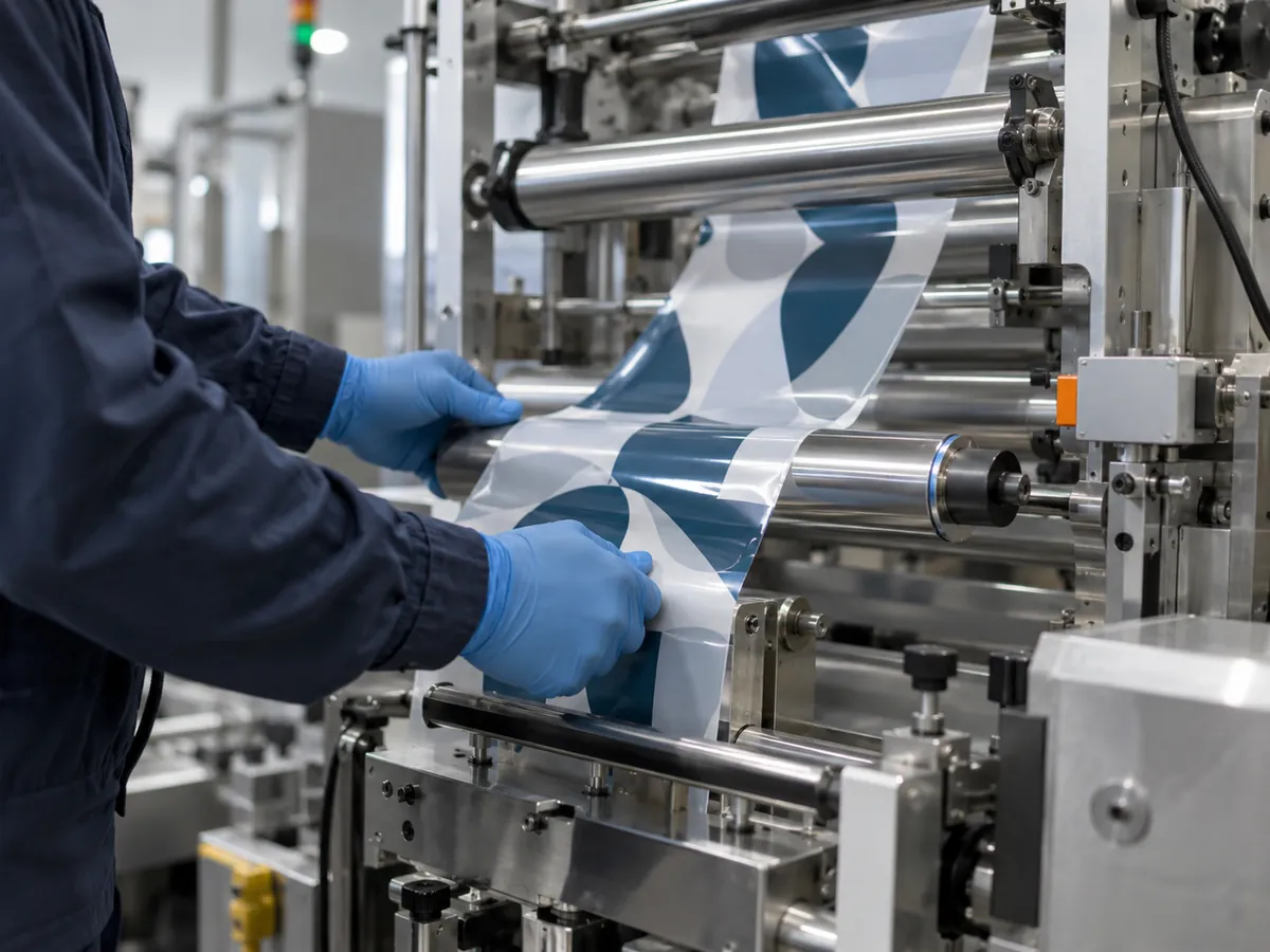 Technician threading printed film through the rollers of a packaging machine
