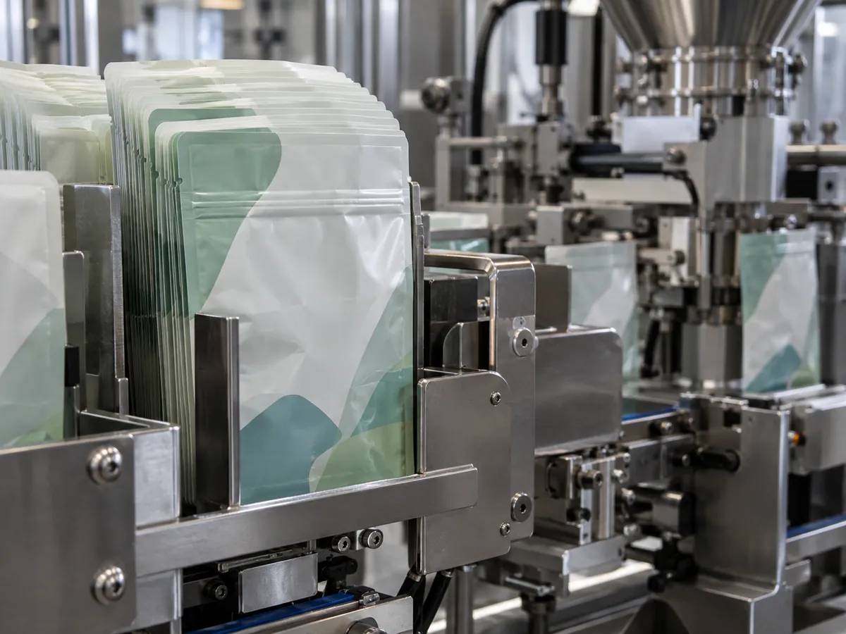 Premade pouches loaded in the magazine of a pouch filling machine
