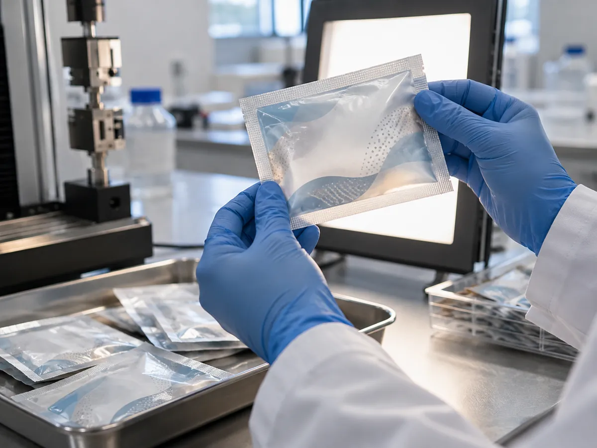 Gloved hands inspecting the heat seal of a filled sachet on a lab bench