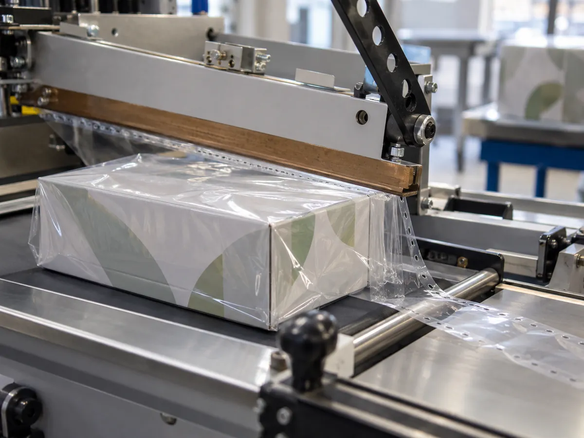 L-sealer bar sealing clear center-folded shrink film around a boxed product