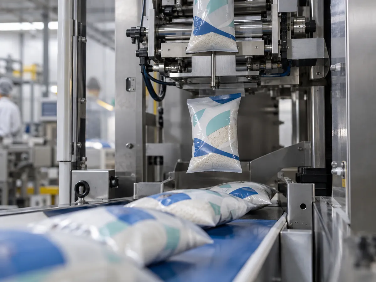 Pillow bags dropping from the sealing jaws of a VFFS machine
