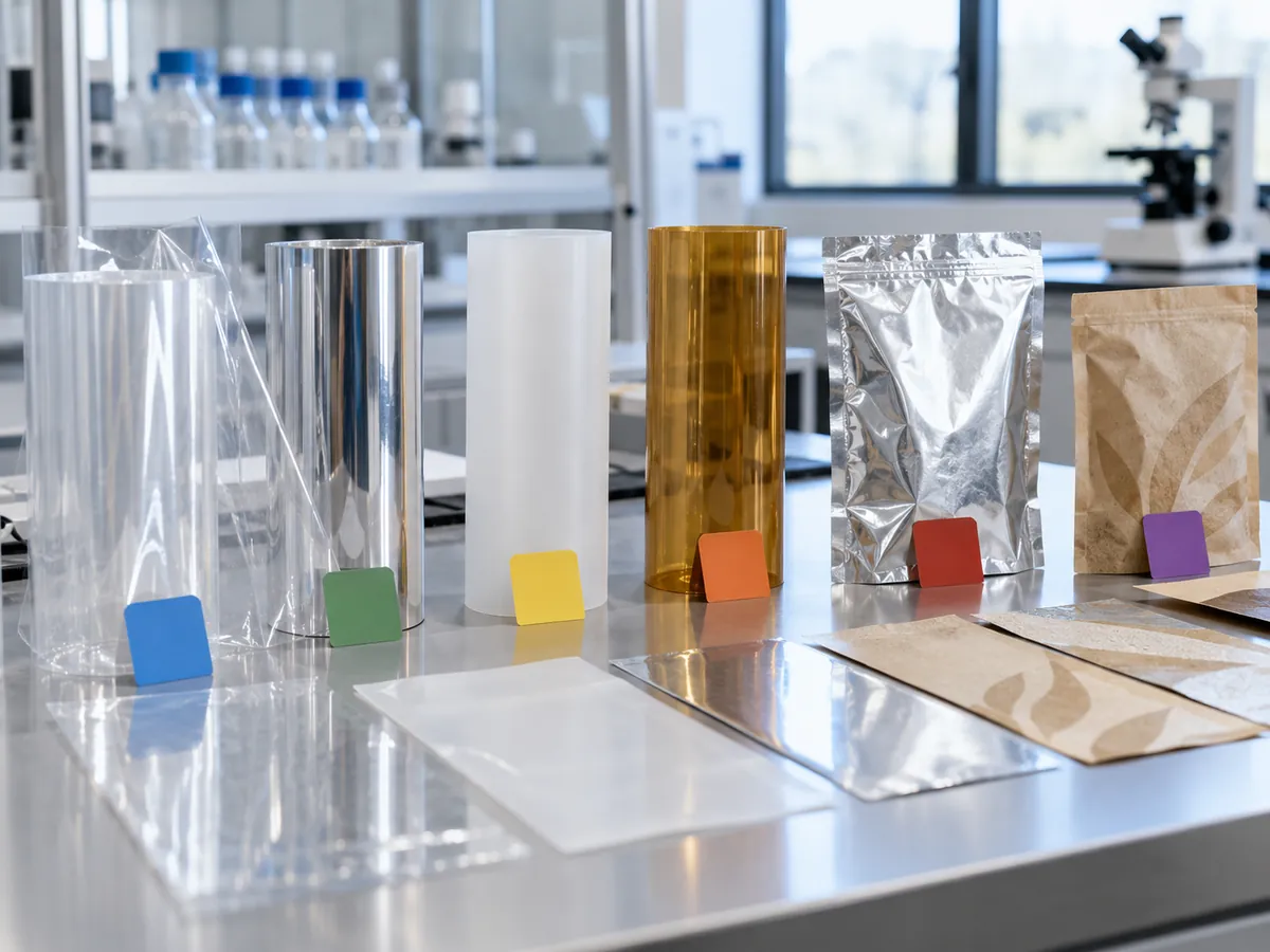 Rows of packaging film, foil and paper laminate samples on a laboratory bench