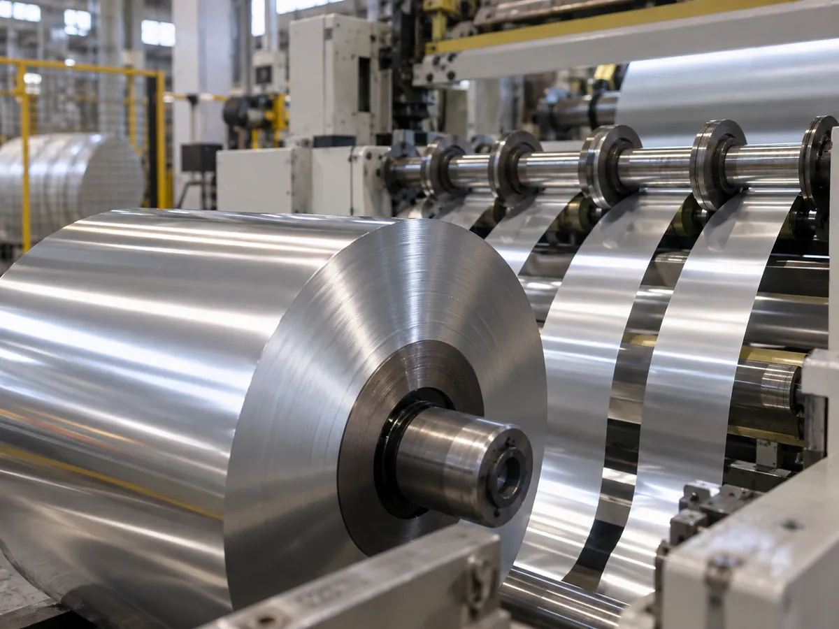 Aluminum foil being slit in a converting plant