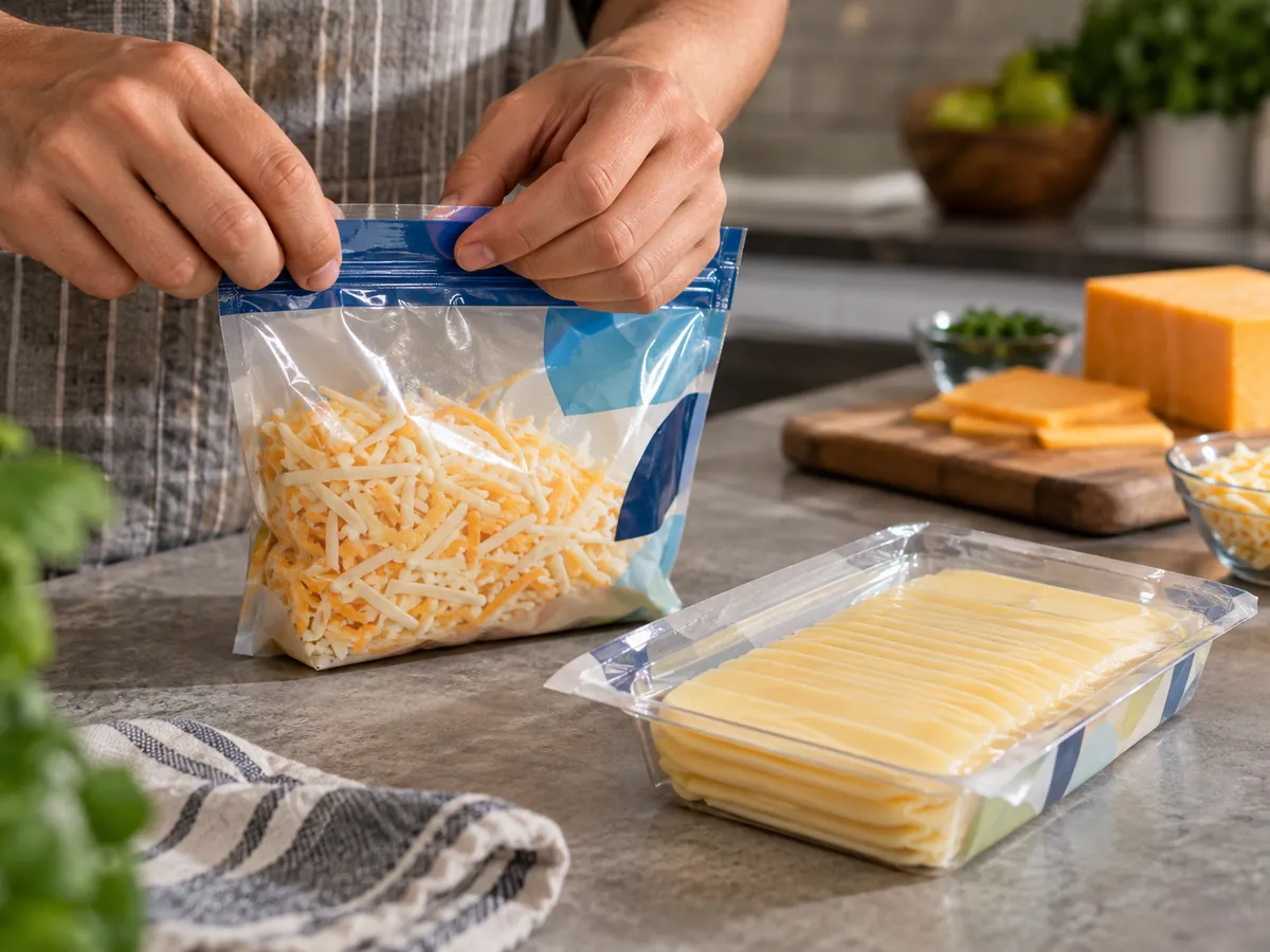 Illustration of a film-sealed cheese tray beside a resealable cheese pouch