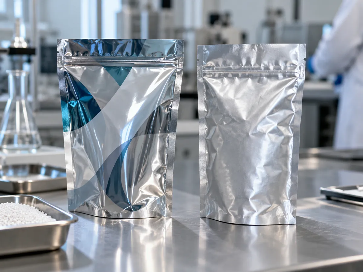 Metallized film pouch and aluminum foil pouch side by side