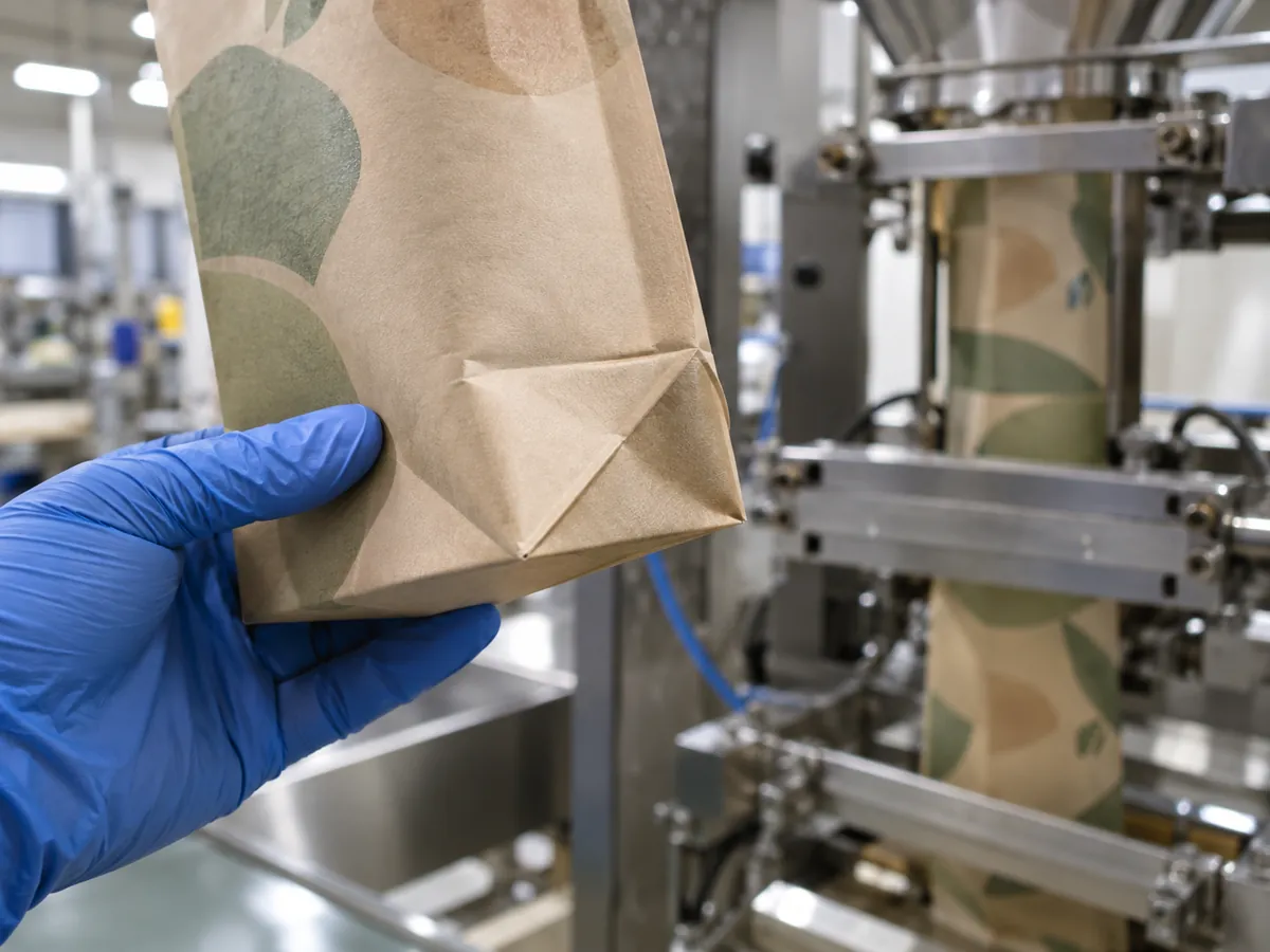 Illustration of a gloved hand checking a generic paper-based pouch