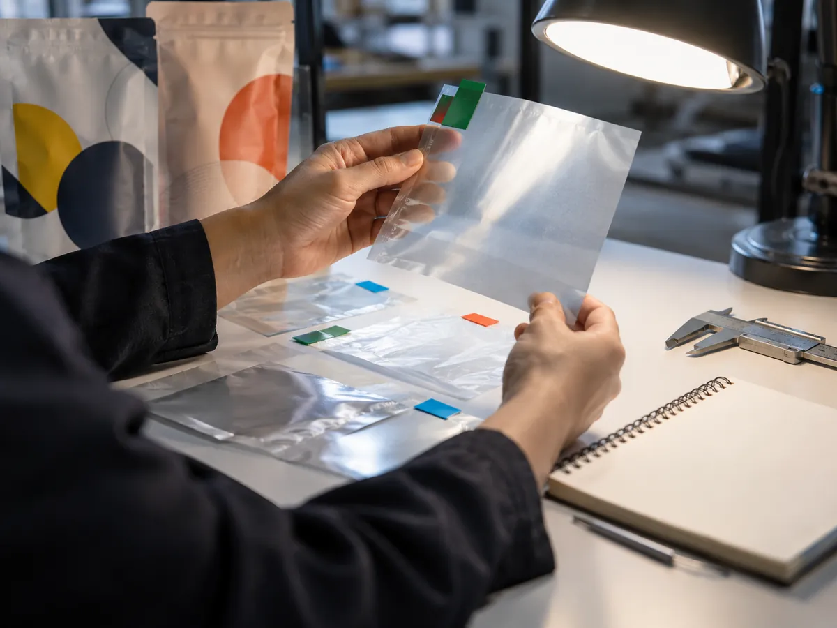 Illustration of packaging samples being compared on a workbench