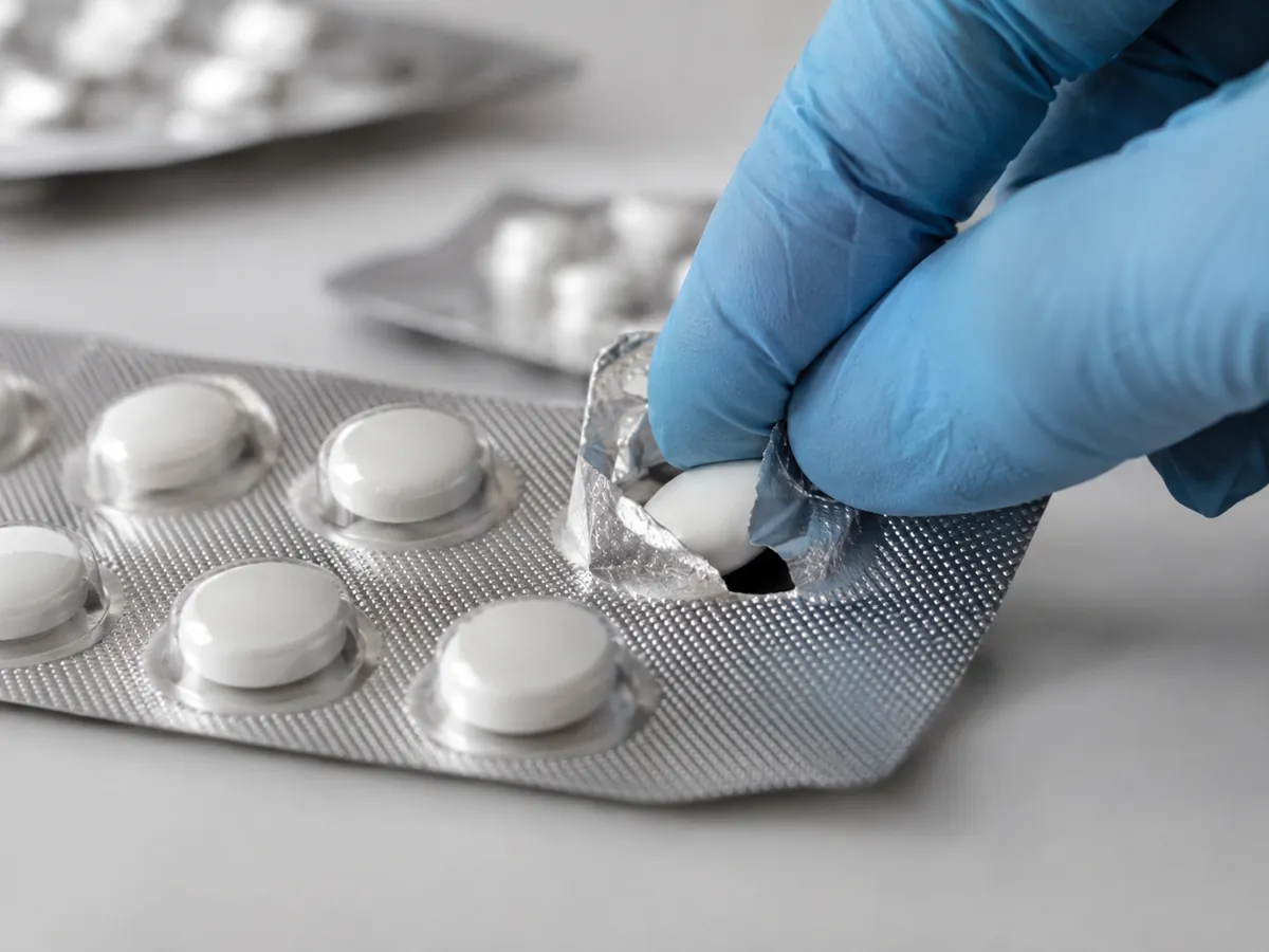 Gloved hand opening foil lidding to expose a tablet in a blister