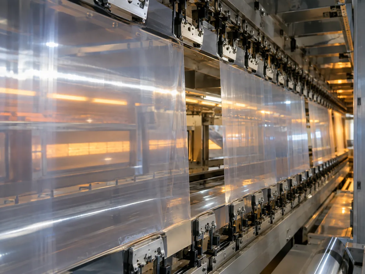 Transparent polypropylene film stretched in the tenter frame of an orientation line